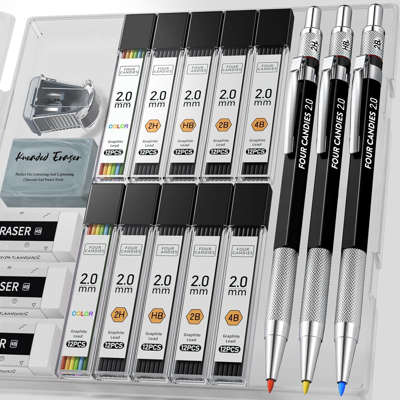 3-Piece 2MM Mechanical Pencils with Case, Metal Lead Holder with 120 Graphite Lead Refills, 4 Erasers, Sharpener, for Drawing and Sketching